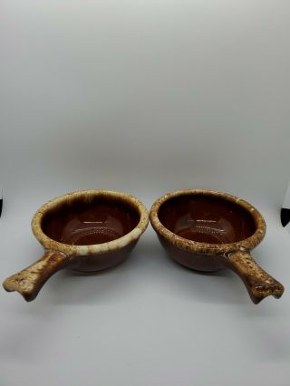 Set Of 2 Hull Pottery Brown Drip Handled Soup Chili Bowls Vintage 5.  5 "