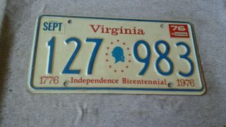 License Plate Virginia 127 983 Bicentennial 1976 Vintage Rustic Usa
