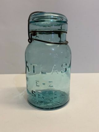 Vintage Atlas E - Z Seal Blue Qt Jar W/ Glass Lid & Wire Bail