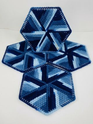 Vintage Handmade Crochet Coasters Or Trivets Set - Hexagonal Blue & White 010