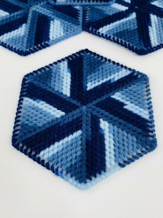 Vintage Handmade Crochet Coasters or Trivets Set - Hexagonal Blue & White 010 2