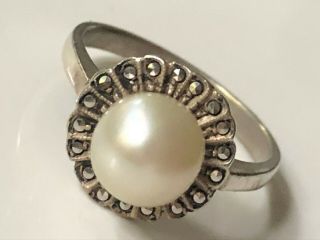 Vintage Art Deco Sterling Silver Pearl/marcasite Floral Dress Ring Band Sz M 1/2