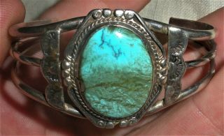 Antique C.  1940 Navajo Bracelet Sterling Silver Great Green & Blue Turquoise Vafo