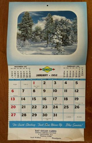 Vintage Sunoco Gas Station Advertising Calendar Bay Ocean Cabin Wellfleet Ma1952