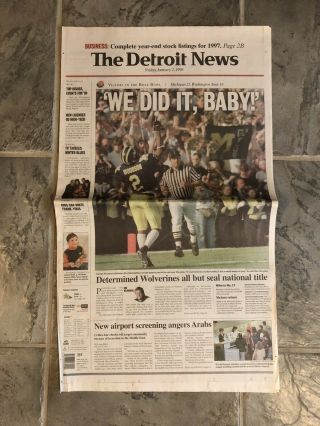 1998 Michigan Wolverines Football National Championship Rose Bowl Newspaper