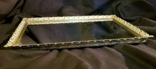 Vintage Gold Color Filigree Metal & Mirror Dresser Tray,  Rectgl 15 1/4 " L
