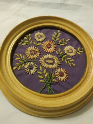 Two Vintage Round Framed Hand Crafted Crewel / Embroidered Floral