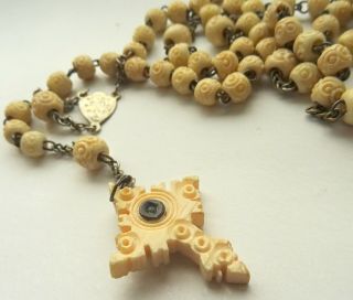 Antique Carved Bovine Rosary And Cross With Stanhope In Good Order