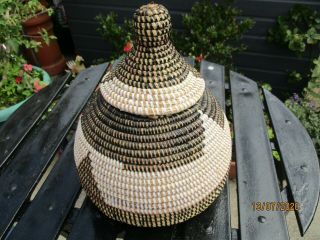 A Vintage Or Tribal Coil Basket With Lid - Ethiopian,  African - Black & White.