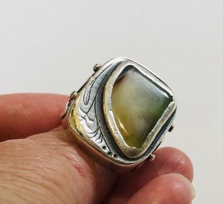 Arts And Crafts Agate Heavy Silver Ring,  Embossed Flowered Shoulders 2