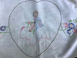 Vintage Embroidered Runner Lady In Gown & Flowers Pink Blue Tassel Edges