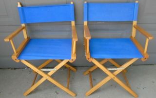 Vintage Telescope Folding Directors Chairs With Blue Canvas -
