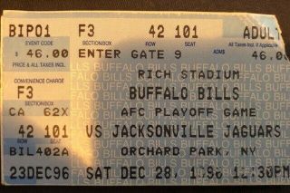 1996 Ticket Stub Jim Kelly Last Game Dec 28 1996 Buffalo Bills 27 Vs Jaguars 30