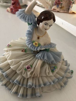 Antique Dresden Porcelain Figurine Ballerina Ruffles Lace Flowers