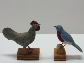 Pennsylvania Style Rooster And Bluebird Carving - Both By Same Carver 