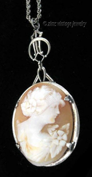 Rare Antique Ostby Barton Ob Signed Carved Shell Cameo Sterling Silver Necklace