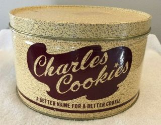 Vintage Charles Cookies Metal Tin Can Canister Dream Puffs Sticker On Lid