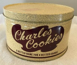 Vintage Charles Cookies Metal Tin Can Canister Dream Puffs Sticker On Lid 3