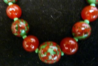 Art Deco Vintage Red And Green Glass Bead Necklace