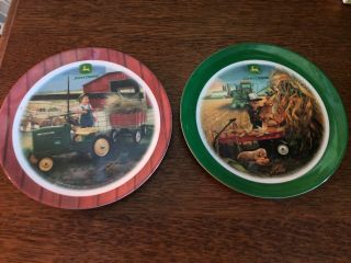 2 Vintage John Deere Tractor Gibson Plastic Childrens Dinner Plates