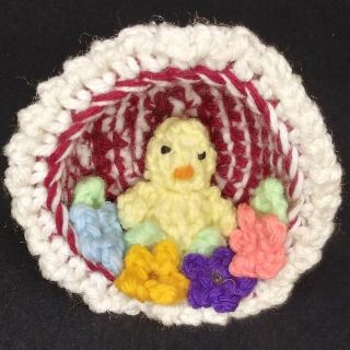 Vintage Handmade Crochet Diorama Easter Spring Decor Chick Duck Flowers