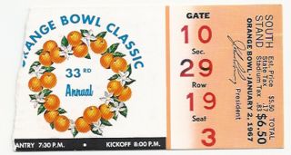 1967 Georgia Tech Vs Florida Orange Bowl College Football Ticket Stub