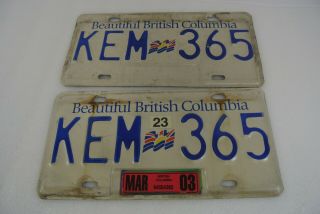 Bc British Columbia License Plate Matching Pair Blue White 2003 Kem 365