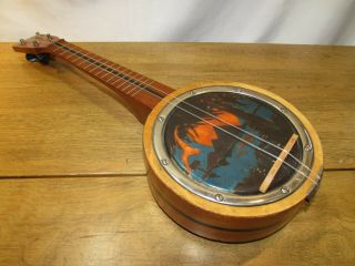 Vintage Hand Painted Banjo Ukulele Antique 4 String Wood Instrument