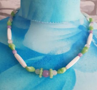 Vintage Art Deco Glass Collar Necklace Green Pink White Beaded Summer Holidays