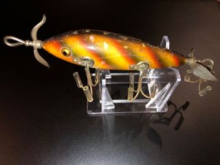 Vintage Heddon Dowagiac Five - Hook Wooden Minnow Lure With Glass Eyes