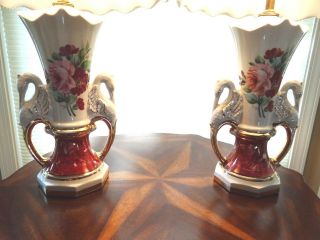 2 Vintage Swan Handle Urn Style Lamps White With Roses