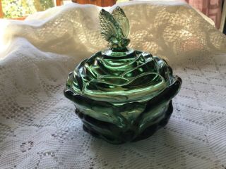 Vintage Fenton Art Glass Green Iridescent Butterfly Fenial Rose Covered Candy Ex