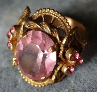 Vintage Art Deco Pink Rhinestone Fancy Filigree Flower Gold Tone Dress Ring - 10