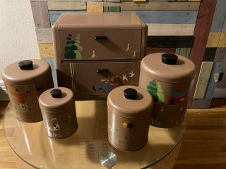 Vintage Ransburg Canisters And Bread Box Brown Tp Hand Painted Farmer