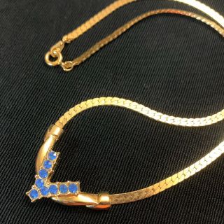 Vtg Blue Sapphire Glass Rhinestone Mod Gold Tone Pendant Chain Necklace 15”