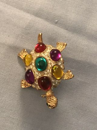 Vintage Turtle Brooch.  Gold - Tone With Colorful Stones And Rhinestones