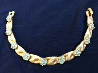 Vintage Signed Crown Trifari Blue Rhinestone Gold Tone Satin Ribbon Bracelet