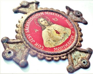 Antique Home Protection Cross Icon Plaque Medal Reliquary - Sacred Heart Of Jesus