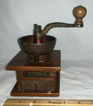 Antique Toy Pride Coffee Grinder Mill Small Wood Cast Iron Miniature W/ Label