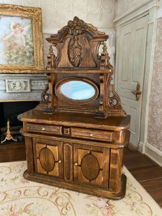 Vintage Miniature Dollhouse Artisan Wood & Mirror Ornate Victorian Hutch Cabinet