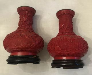 Set Of 2 Vintage Chinese Asian Cinnabar Red Lacquer With Wood Stand Antique