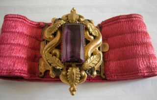 A Gorgeous Antique French Gilded Bronze And Pink Velvet Or Cloth Bracelet