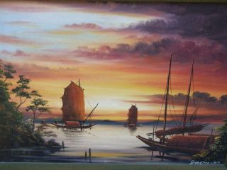 Oriental Oil Painting Chinese Junk - Sailing Ship At Sea Signed Framed Vintage