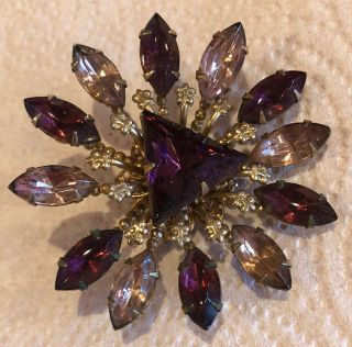 Vintage Jewelry Prong Set Rhinestone Flower Gold Tone Brooch Pin Amethyst Purple