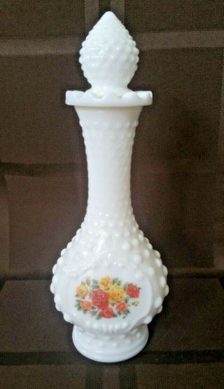 Vintage Avon Hobnail Milk Glass Perfume Decanter W/stopper And Floral Applique