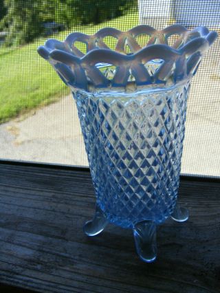 Vintage Imperial Katy Blue Opalescent Lace Edged Diamond Point Footed Vase