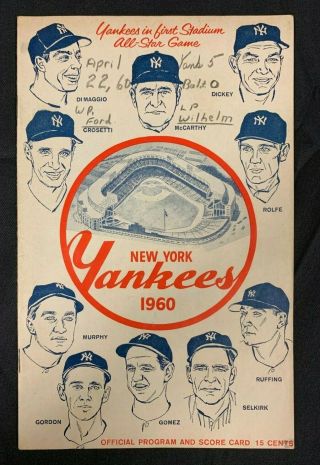 1960 York Yankees Vs Baltimore Orioles Baseball Program/score Card Scored