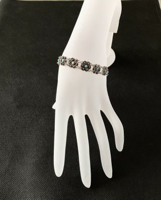 Pretty Vintage Art Deco Czech Silver Filigree & Turquoise Glass Bead Bracelet