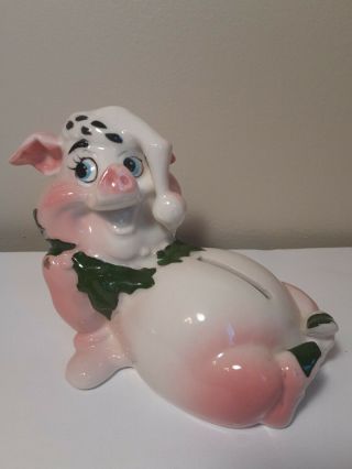 Vintage Christmas Kreiss Ceramic Pink/white Piggy Bank