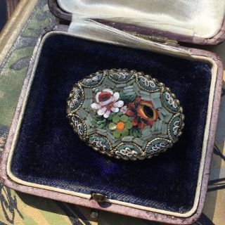 Vintage 1930’s Micro Mosaic Floral Brooch Pin Signed Villa Italy
